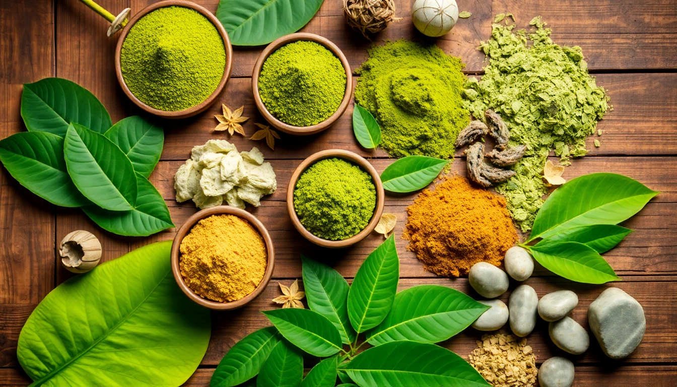 Discover premium Kratom products at https://www.kratombird.de with a vibrant display of natural leaves and powders.
