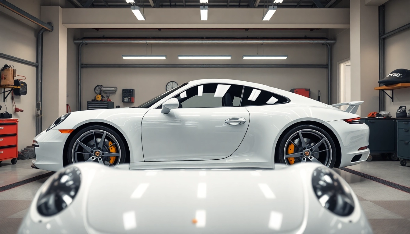 Erleben Sie die Perfektion bei der Anbringung von Porsche PPF München auf einem glänzenden Porsche in einer modernen Werkstatt.