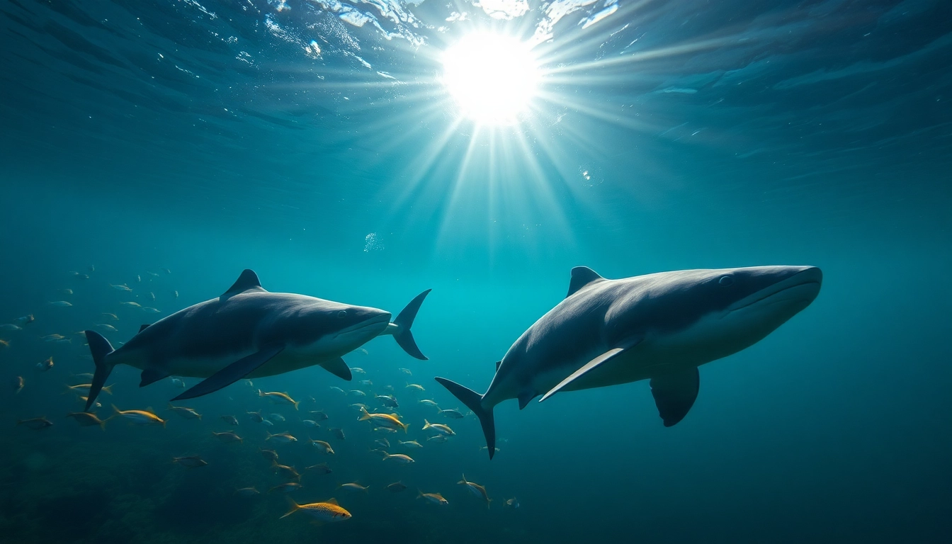 Tauchen Bullenhaie in beeindruckender Unterwasserlandschaft mit Haien und Fischen.