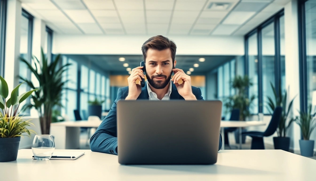 Headhunter Essen arbeitet fokussiert am modernen Arbeitsplatz und kommuniziert mit einem Klienten.