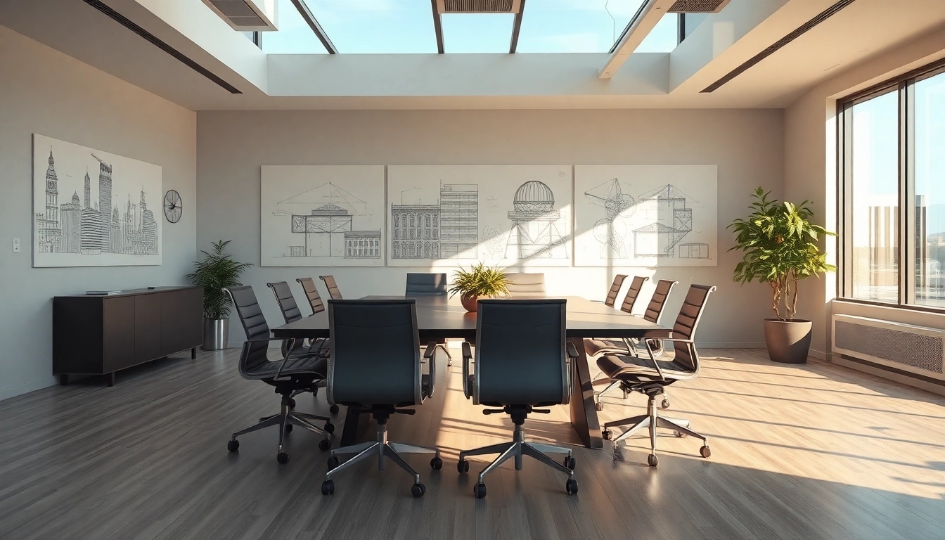 Modernes Büro für Headhunter Baubranche mit Konferenztisch und inspirierenden Designs.