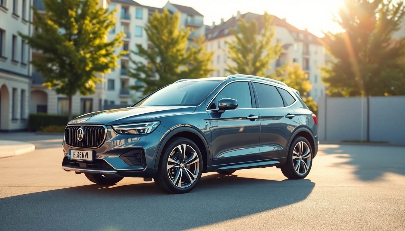 Leasing Rückgabe Termin München: Ein modernes Auto strahlt im Sonnenlicht vor urbaner Kulisse.