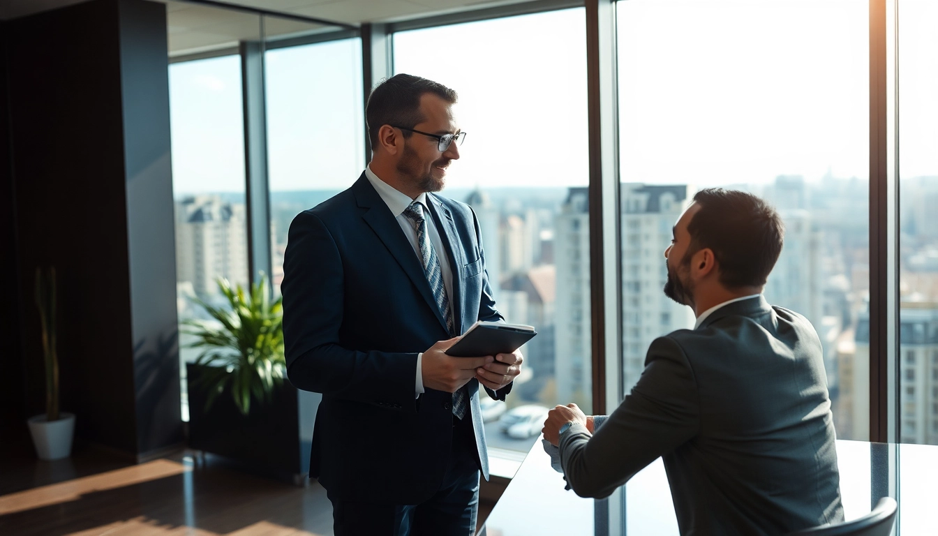 Eine Interaktion zwischen einem Headhunter Sales im eleganten Büro und einem Kandidaten, zeigt Professionalität und Vertrauen.