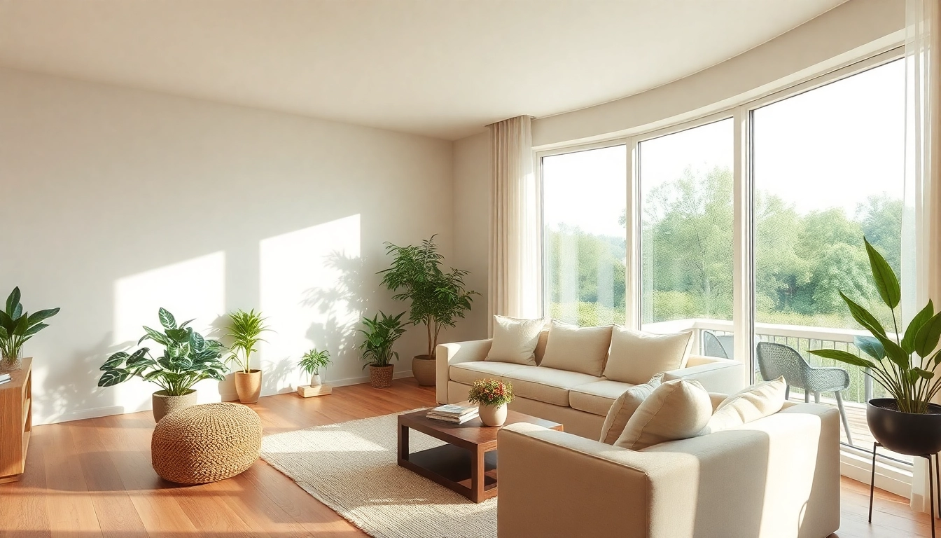 Raumgestaltung eines modernen Wohnzimmers mit großen Fenstern und Pflanzen.