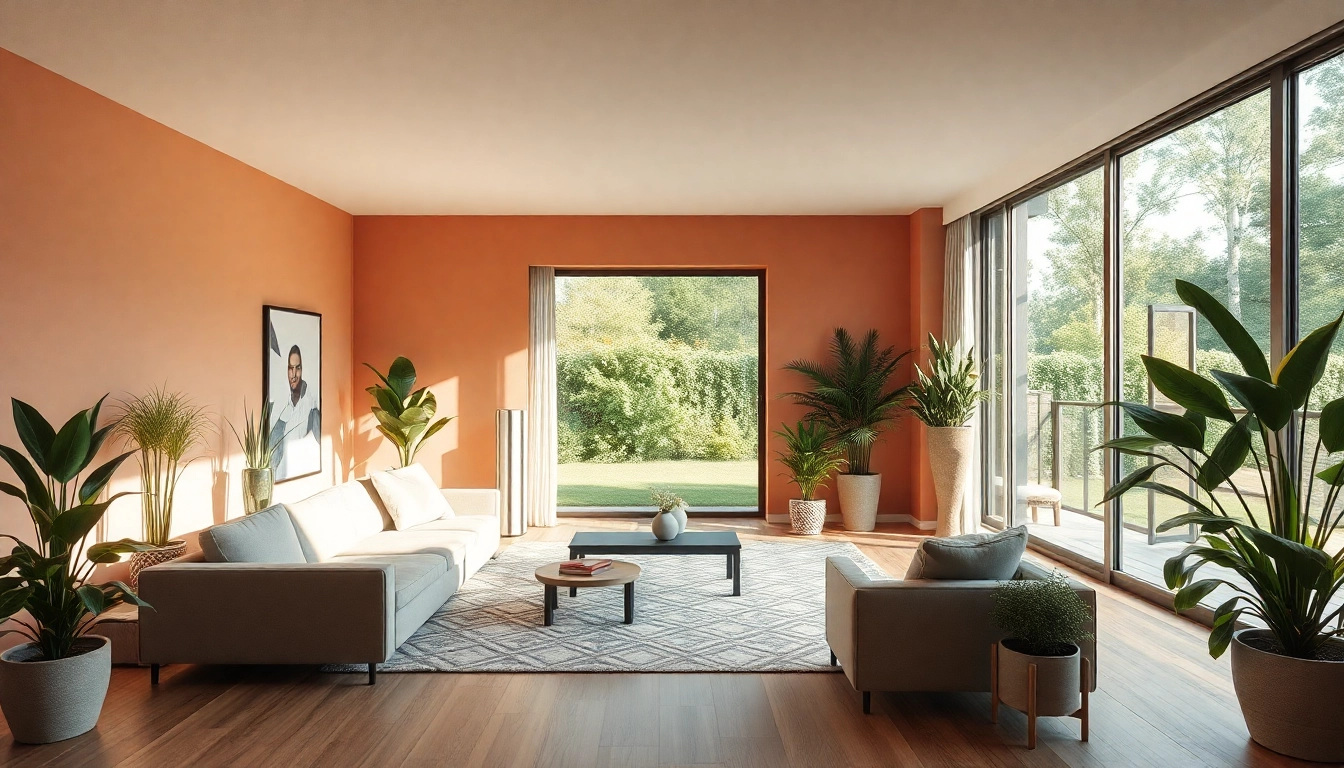 Gestalten Sie Räume neu mit moderner Raumgestaltung in sanften Erdtönen und grünen Pflanzen.