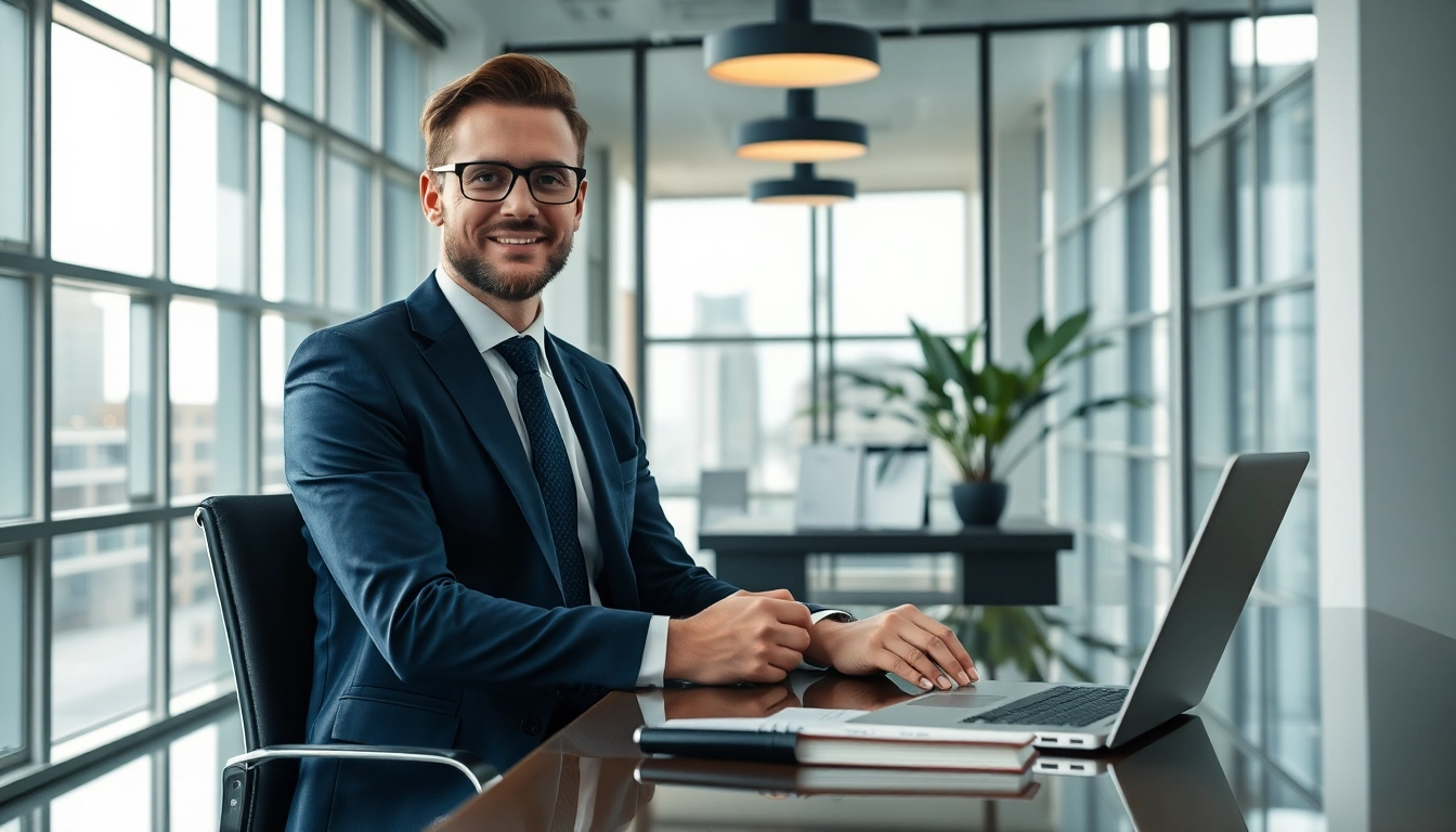 Professioneller Headhunter arbeitet im Büro mit Laptop und Notizbuch.