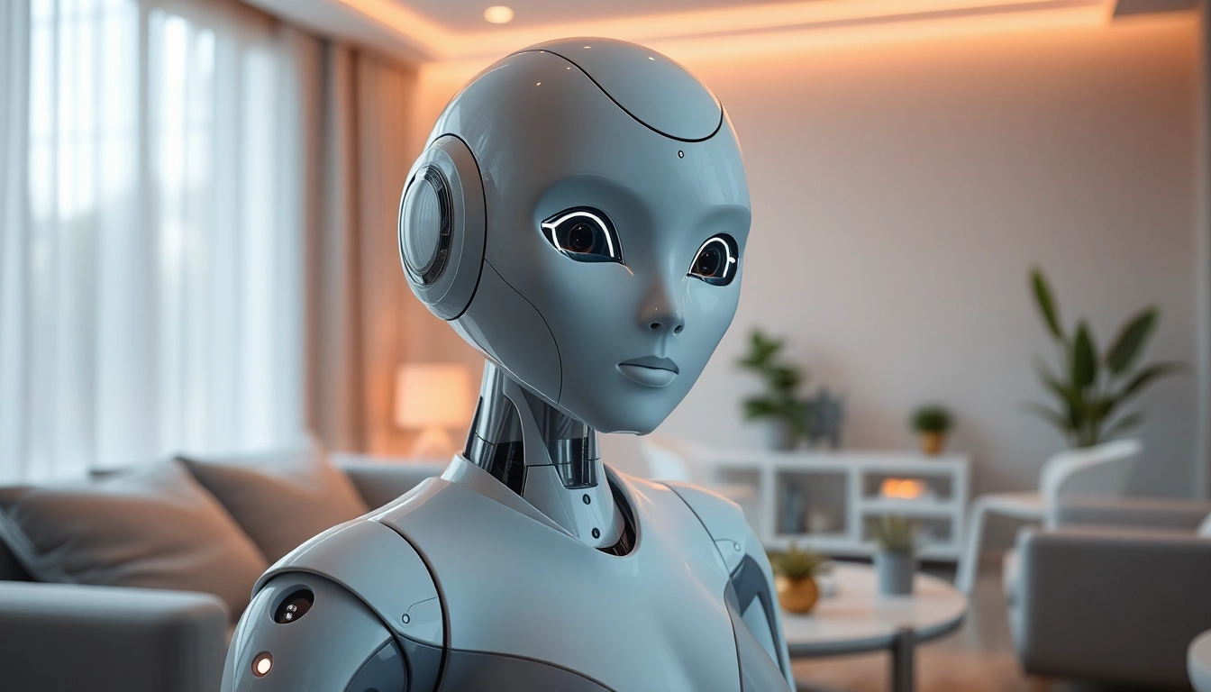 AI sex bot engaging in a warm, friendly conversation in a stylish living room setting.