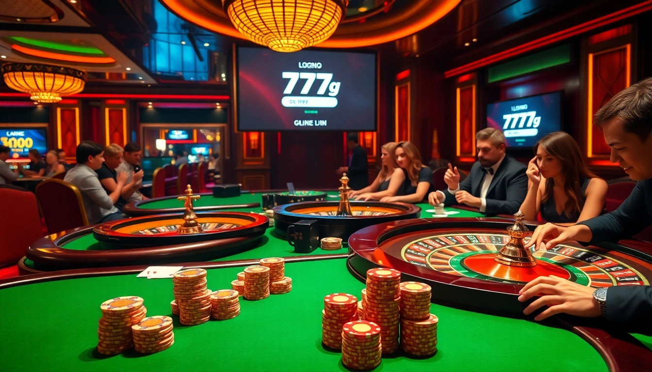 Engage with the thrilling 777g Login platform in a luxurious casino atmosphere filled with excited players and glowing gambling tables.