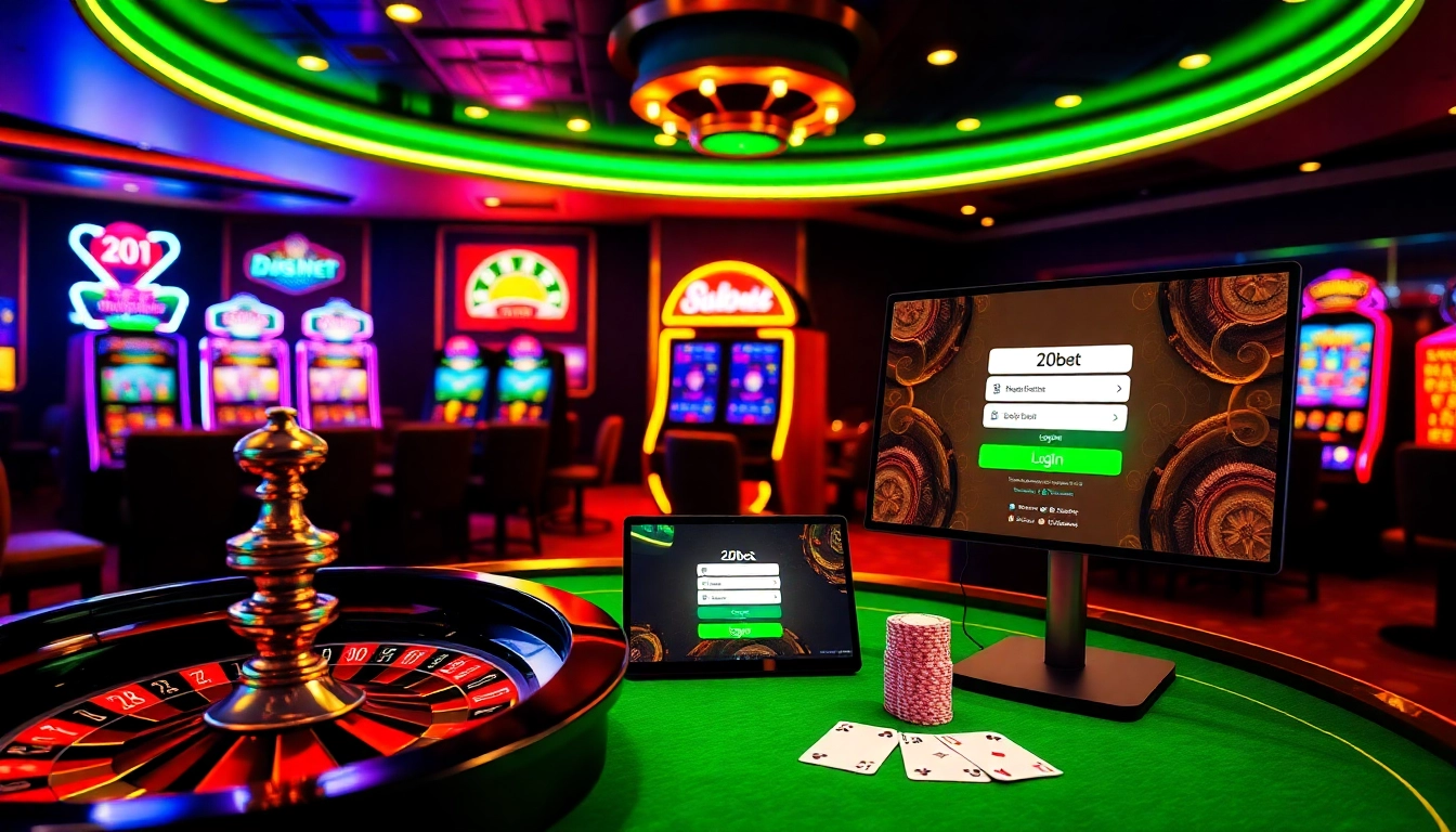Experience the thrill of gambling with a visually stunning scene highlighting the 20bet Login interface amidst vibrant casino elements.