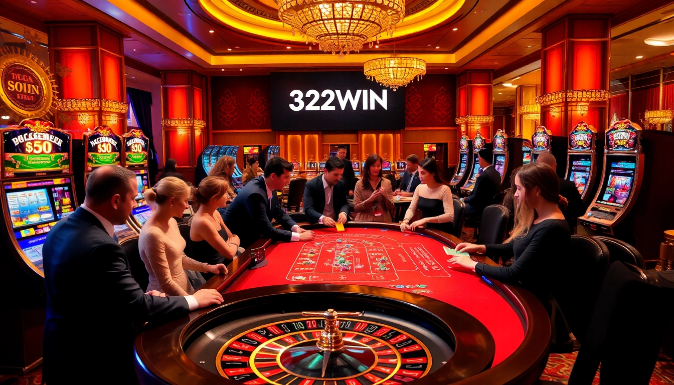 Players engage at the 32WIN poker table, showcasing excitement and luxury in a casino setting.
