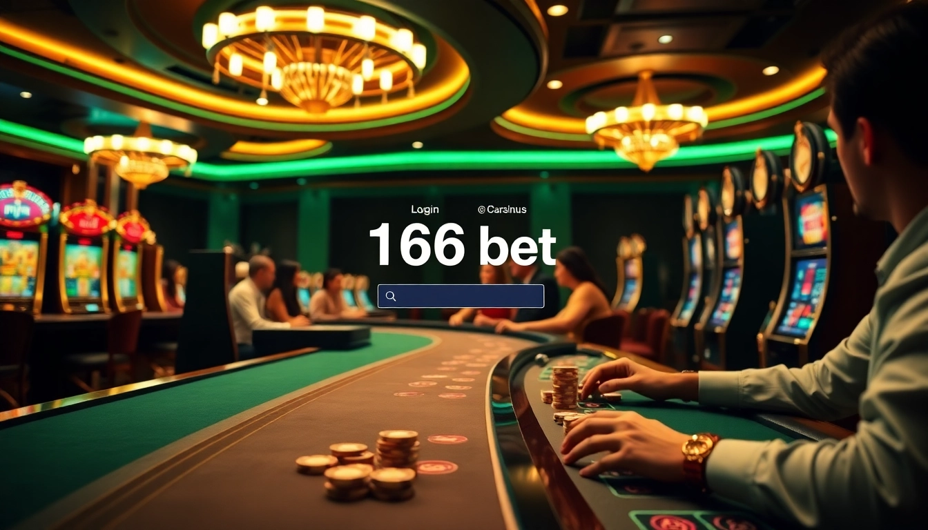 166bet Login interface set against a lively casino backdrop with poker chips and slot machines.