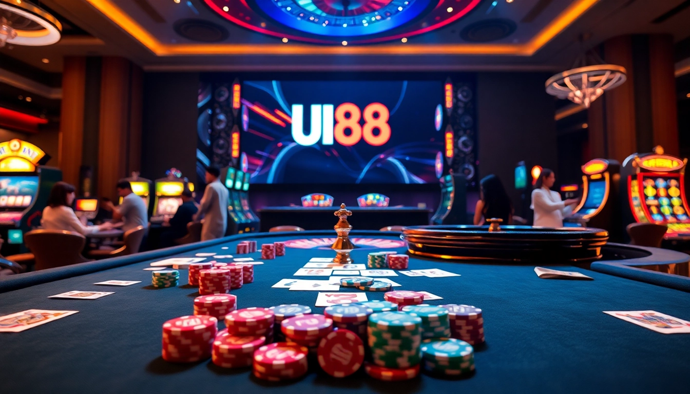 Engaged players enjoying a vibrant gaming experience at UU88 casino with poker chips and roulette.