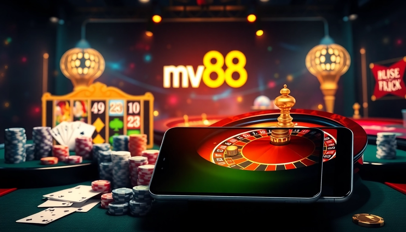 Experience thrilling casino gameplay on mv88 with vibrant tables, chips, and winning action.
