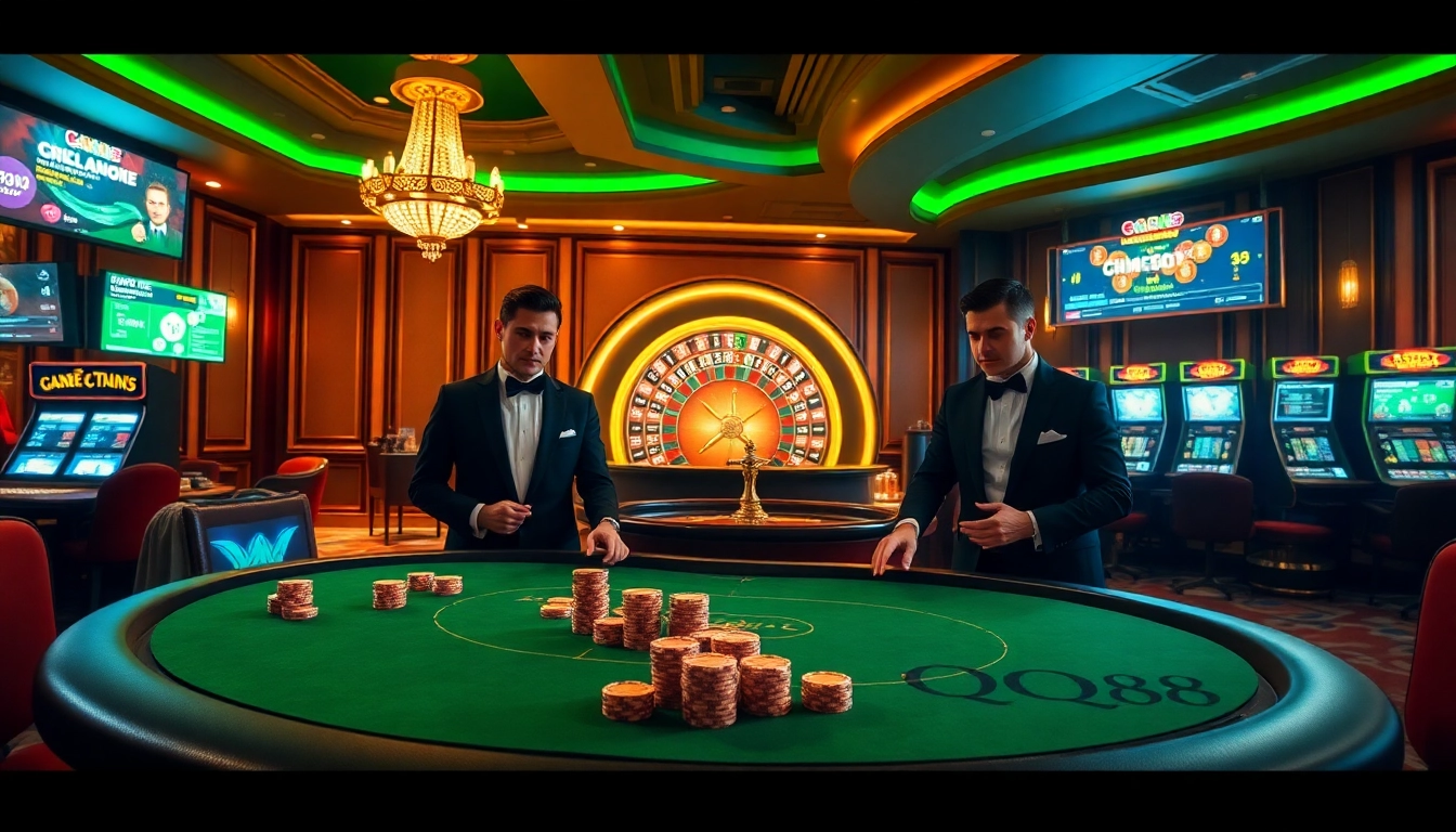 Experience the thrill of QQ88 with high-stakes poker and vibrant casino visuals.