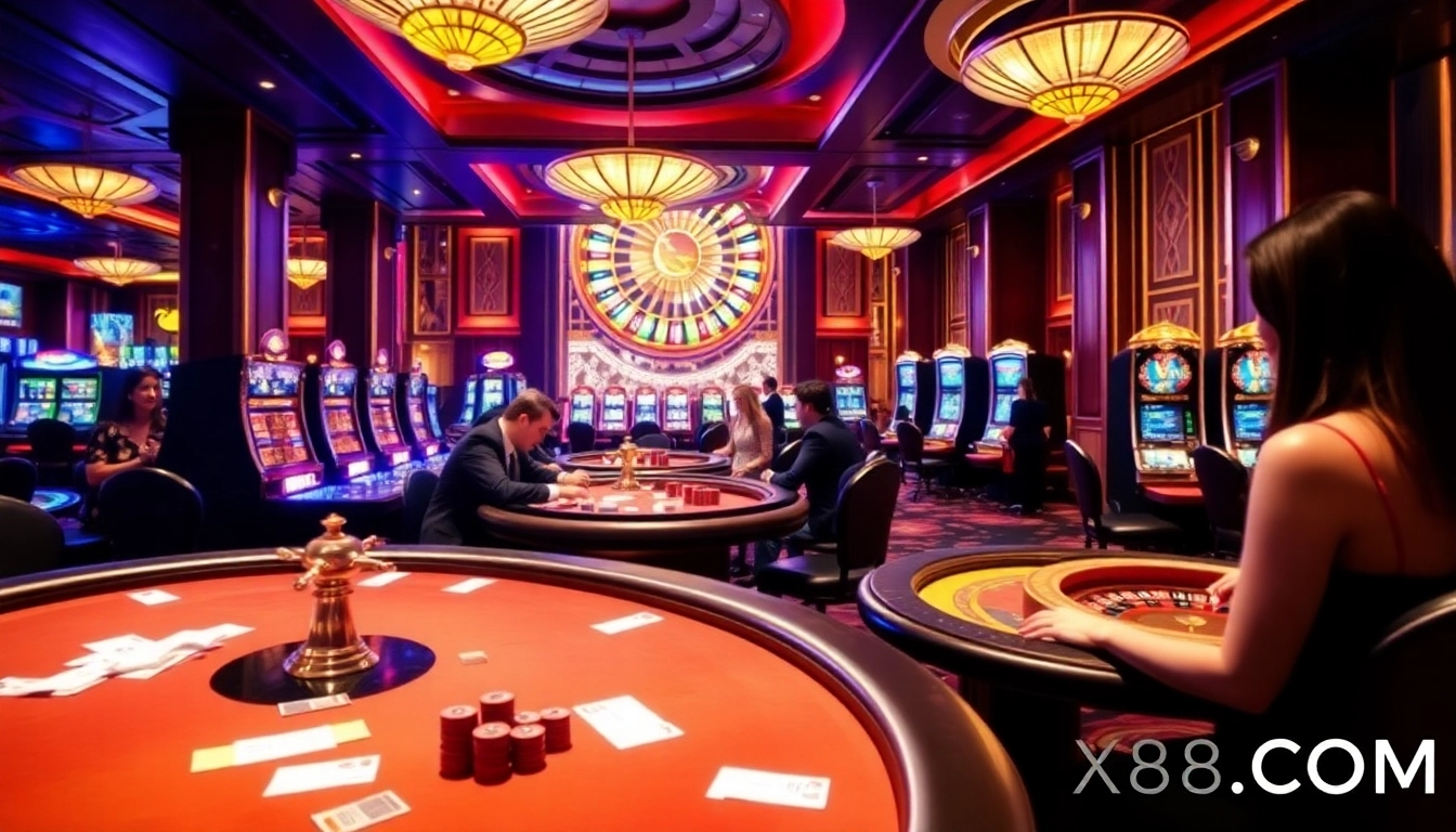 Players enjoying a thrilling gaming experience at X88.COM casino with vibrant slot machines and tables.