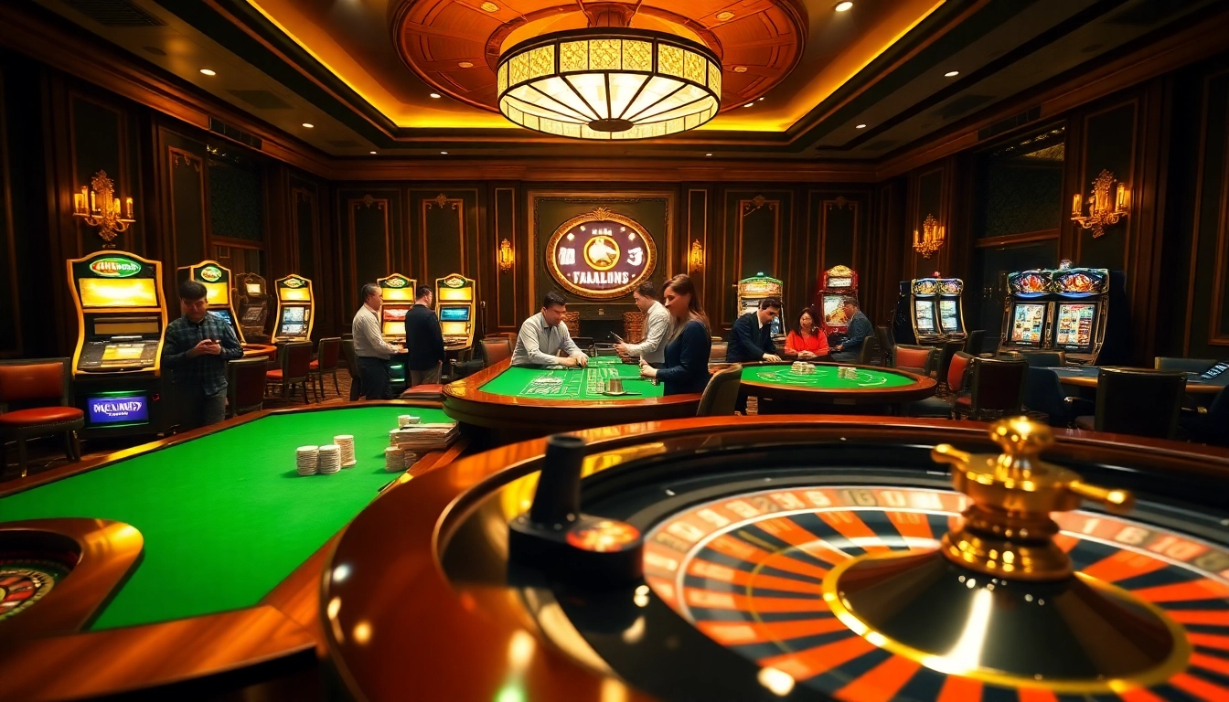 Exciting gaming action at Nhà cái Luck8 with players engaged at a roulette table and vibrant slot machines.